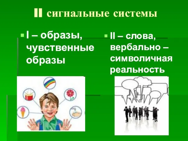 II сигнальные системы I – образы, чувственные образы II – слова, вербально –символичная реальность