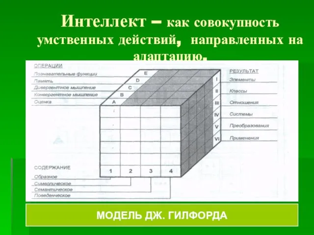 Интеллект – как совокупность умственных действий, направленных на адаптацию. МОДЕЛЬ ДЖ. ГИЛФОРДА