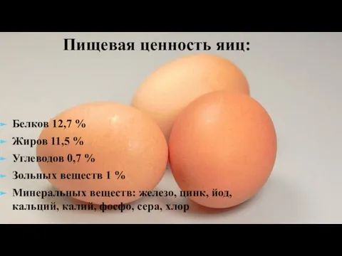 Пищевая ценность яиц: Белков 12,7 % Жиров 11,5 % Углеводов 0,7