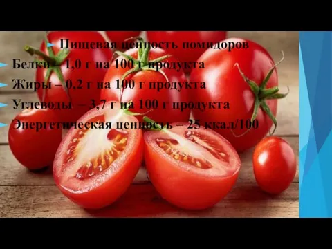 Пищевая ценность помидоров Белки – 1,0 г на 100 г продукта