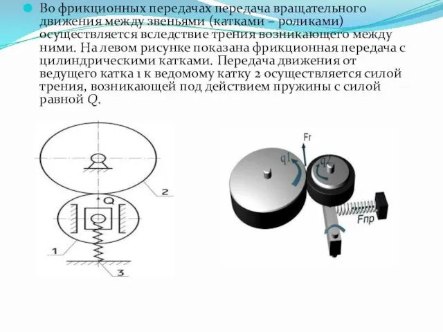 Во фрикционных передачах передача вращательного движения между звеньями (катками – роликами)