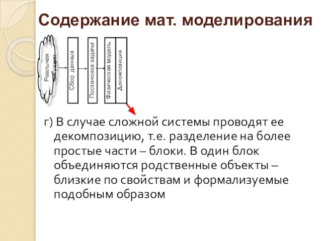 г) В случае сложной системы проводят ее декомпозицию, т.е. разделение на