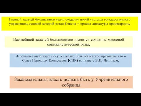 Главной задачей большевиков стало создание новой системы государственного управления, основой которой