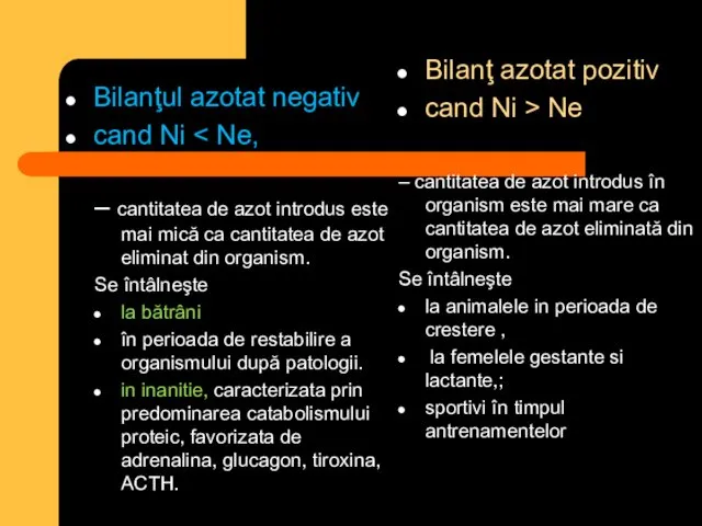 Bilanţul azotat negativ cand Ni – cantitatea de azot introdus este