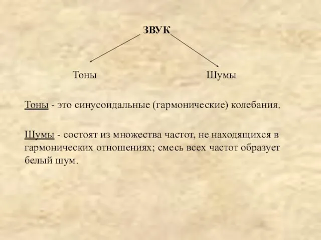 ЗВУК Тоны Шумы Тоны - это синусоидальные (гармонические) колебания. Шумы -