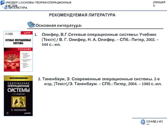 ЛИТЕРАТУРА СЛАЙД 2 ИЗ 22 [РАЗДЕЛ 1] ОСНОВЫ ТЕОРИИ ОПЕРАЦИОННЫХ СИСТЕМ