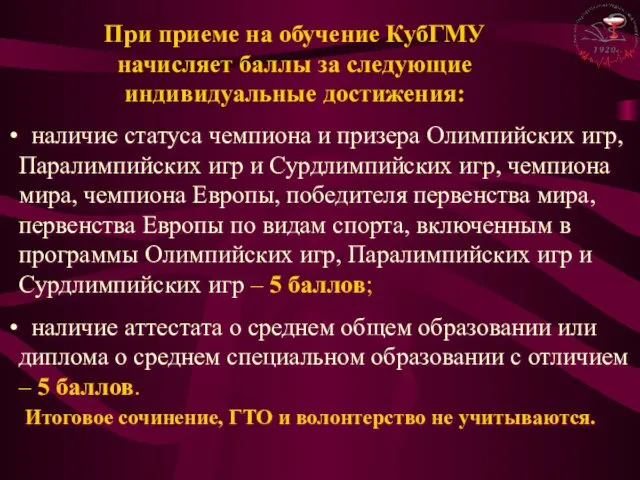 При приеме на обучение КубГМУ начисляет баллы за следующие индивидуальные достижения: