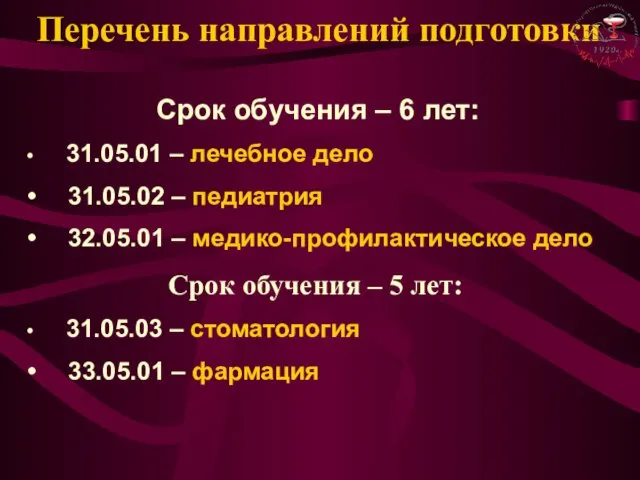 Перечень направлений подготовки Срок обучения – 6 лет: 31.05.01 – лечебное