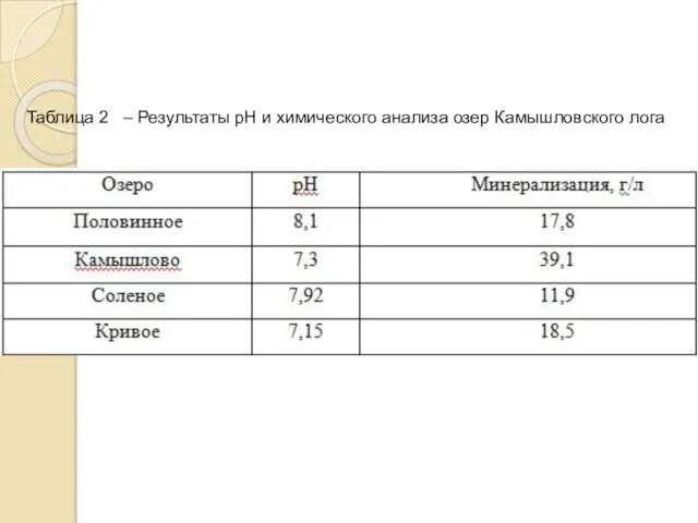 Таблица 2 – Результаты pH и химического анализа озер Камышловского лога