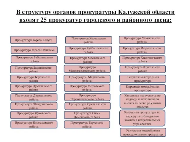 В структуру органов прокуратуры Калужской области входят 25 прокуратур городского и