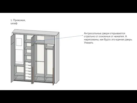 1. Прихожая, шкаф Антресольные двери открываются отдельно от основных от нажатия.