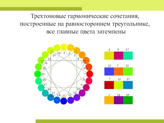 Трехтоновые гармонические сочетания, построенные на равностороннем треугольнике, все главные цвета затемнены