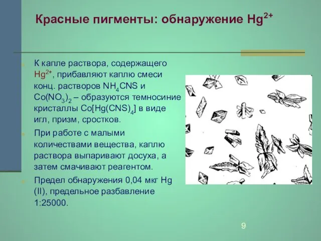 Красные пигменты: обнаружение Hg2+ К капле раствора, содержащего Hg2+, прибавляют каплю