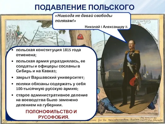 ПОДАВЛЕНИЕ ПОЛЬСКОГО ВОССТАНИЯ «Никогда не давай свободы полякам!» Николай I Александру