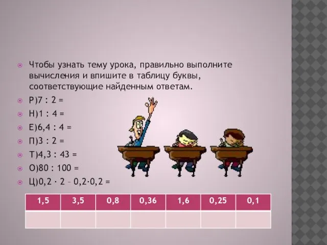 Чтобы узнать тему урока, правильно выполните вычисления и впишите в таблицу