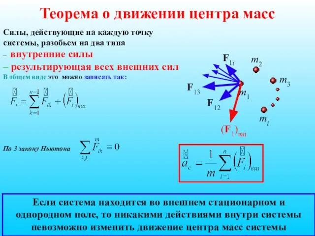 Теорема о движении центра масс Силы, действующие на каждую точку системы,