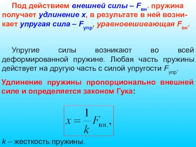 Упругие силы возникают во всей деформированной пружине. Любая часть пружины действует