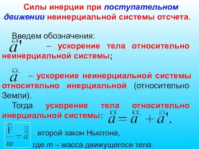 Силы инерции при поступательном движении неинерциальной системы отсчета. Введем обозначения: –