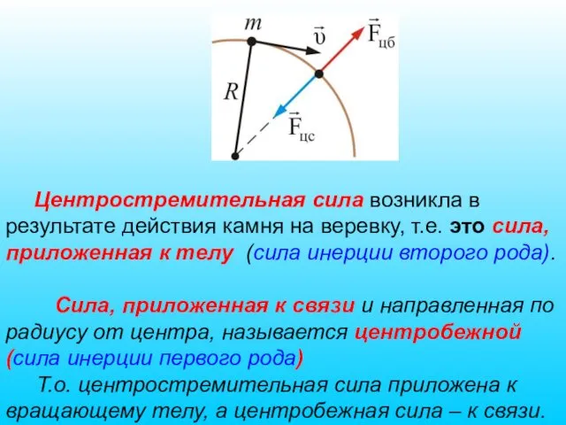 Центростремительная сила возникла в результате действия камня на веревку, т.е. это