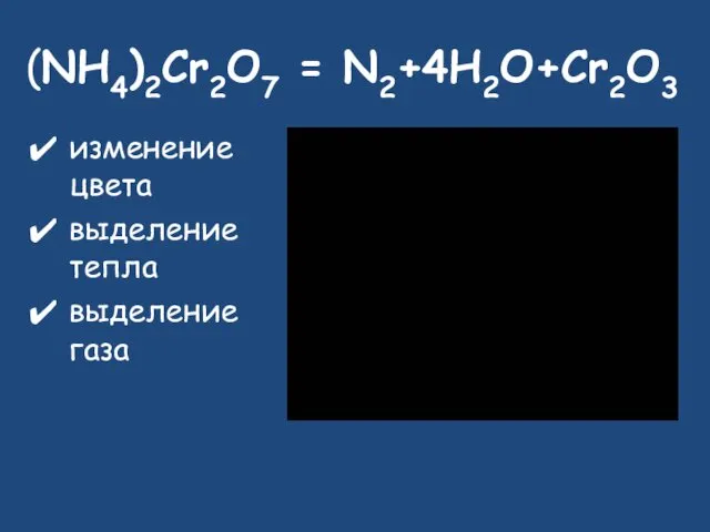 (NH4)2Cr2O7 = N2+4H2O+Cr2O3 изменение цвета выделение тепла выделение газа