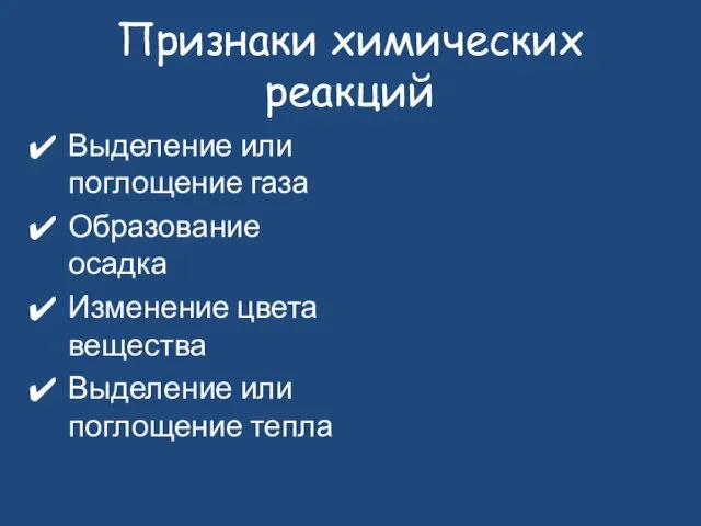 Признаки химических реакций Выделение или поглощение газа Образование осадка Изменение цвета вещества Выделение или поглощение тепла