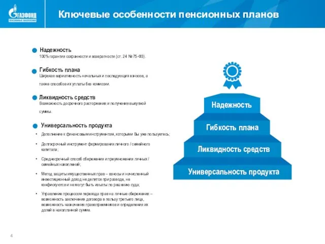 Ключевые особенности пенсионных планов Универсальность продукта Ликвидность средств Гибкость плана Надежность