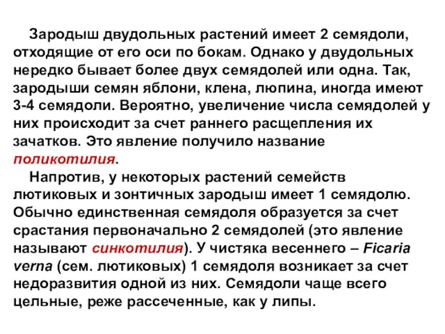 Зародыш двудольных растений имеет 2 семядоли, отходящие от его оси по