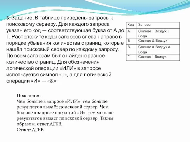 5. Задание. В таблице приведены запросы к поисковому серверу. Для каждого