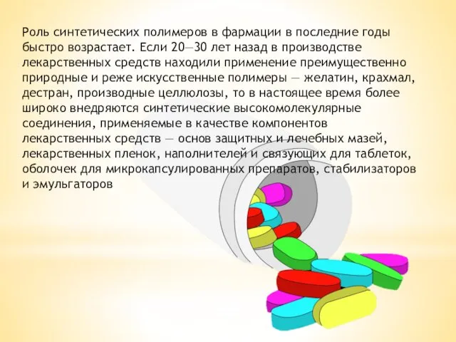 Роль синтетических полимеров в фармации в последние годы быстро возрастает. Если