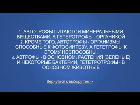 Вернуться к выбору тем→ 1. АВТОТРОФЫ ПИТАЮТСЯ МИНЕРАЛЬНЫМИ ВЕЩЕСТВАМИ, А ГЕТЕРОТРОФЫ