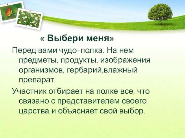 « Выбери меня» Перед вами чудо-полка. На нем предметы, продукты, изображения