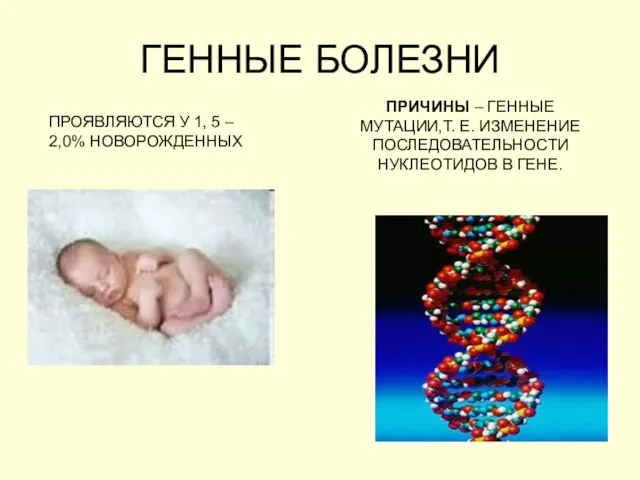 ГЕННЫЕ БОЛЕЗНИ ПРОЯВЛЯЮТСЯ У 1, 5 – 2,0% НОВОРОЖДЕННЫХ ПРИЧИНЫ –