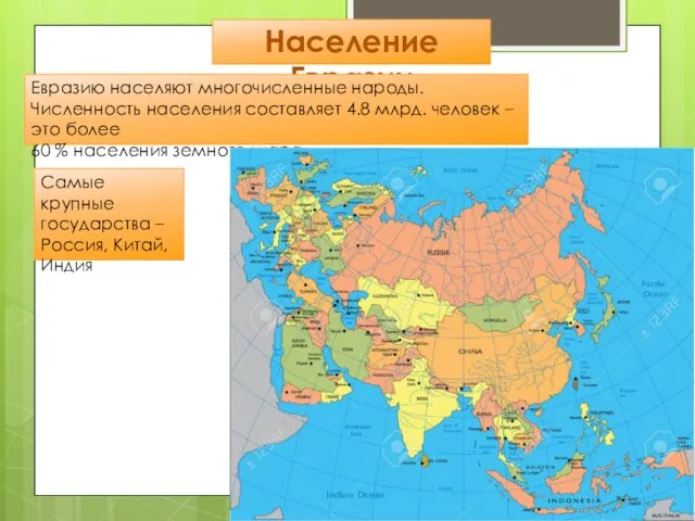 Население Евразии Евразию населяют многочисленные народы. Численность населения составляет 4.8 млрд.