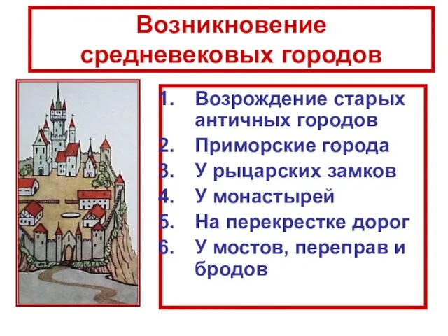 Возрождение старых античных городов Приморские города У рыцарских замков У монастырей