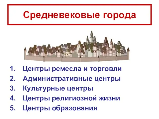 Средневековые города Центры ремесла и торговли Административные центры Культурные центры Центры религиозной жизни Центры образования