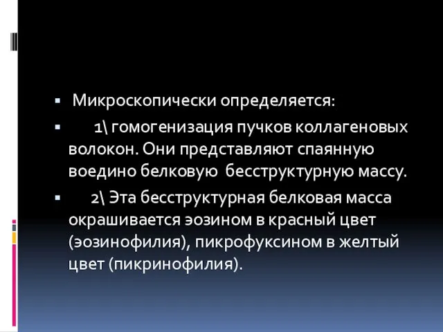 Микроскопически определяется: 1\ гомогенизация пучков коллагеновых волокон. Они представляют спаянную воедино