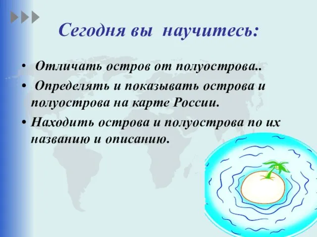 Сегодня вы научитесь: Отличать остров от полуострова.. Определять и показывать острова