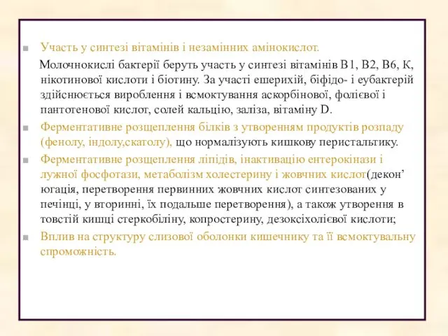 Участь у синтезі вітамінів і незамінних амінокислот. Молочнокислі бактерії беруть участь