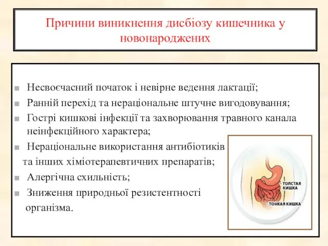 Причини виникнення дисбіозу кишечника у новонароджених Несвоєчасний початок і невірне ведення