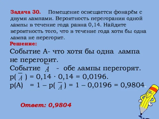 Задача 30. Помещение освещается фонарём с двумя лампами. Вероятность перегорания одной