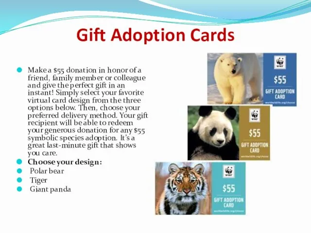 Gift Adoption Cards Make a $55 donation in honor of a