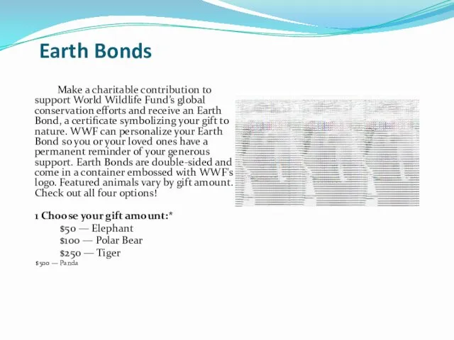 Earth Bonds Make a charitable contribution to support World Wildlife Fund’s