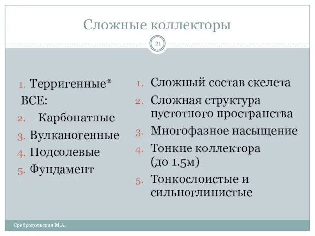 Сложные коллекторы Терригенные* ВСЕ: Карбонатные Вулканогенные Подсолевые Фундамент Сложный состав скелета