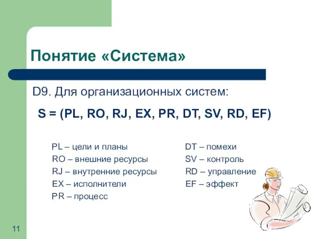 Понятие «Система» D9. Для организационных систем: S = (PL, RO, RJ,