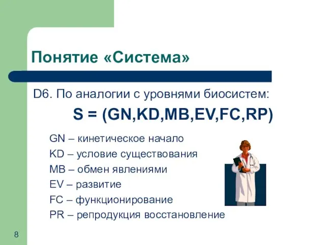 Понятие «Система» D6. По аналогии с уровнями биосистем: S = (GN,KD,MB,EV,FC,RP)