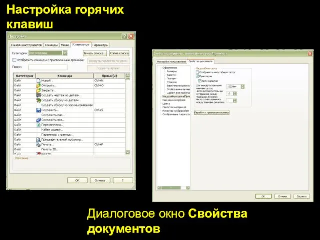 Настройка горячих клавиш Диалоговое окно Свойства документов