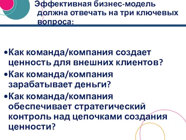 Эффективная бизнес-модель должна отвечать на три ключевых вопроса: Как команда/компания создает