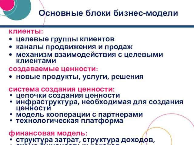 Основные блоки бизнес-модели клиенты: целевые группы клиентов каналы продвижения и продаж