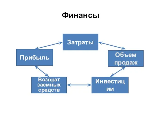 Финансы Прибыль Затраты Объем продаж Возврат заемных средств Инвестиции