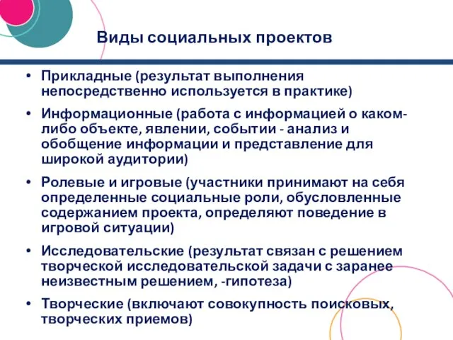 Виды социальных проектов Прикладные (результат выполнения непосредственно используется в практике) Информационные